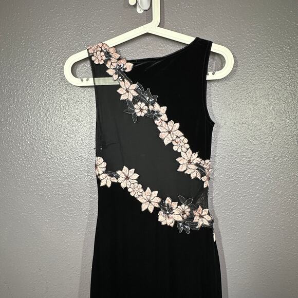 Jessica McClintock Velvet Gown Size 4 Black Floral Mesh Open Back Prom Wedding - Picture 3 of 7